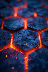 Poster - clean and modern depiction of a 3d hexagonal structure with glowing red highlights on a cobalt blue 