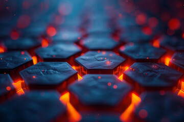Poster - Beautiful representation of a hexagonal design with luminous red lights enhancing the deep blue environment,