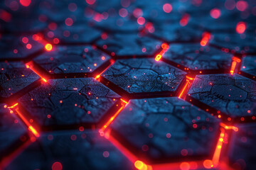 Poster - Stylish abstract image showcasing a hexagonal pattern with dynamic red glowing elements on a blue background,