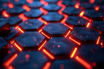Poster - Elegant 3D design of a hexagonal arrangement with vibrant red lights contrasted by a dark blue hue,