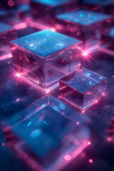 Poster - Stylish abstract visualization showcasing a retro 3D pattern with glowing blue and purple geometrical forms,