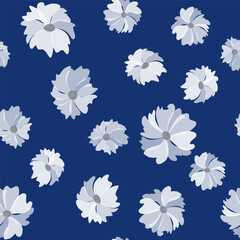 White translucent flowers on dark blue background. Fantasy floral seamless pattern. Drawing vector illustration. Background design of spring flower. Monochrome blue decor for textile, wallpaper, etc.