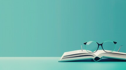 Aufkleber - An open book with eyeglasses resting on top of it sits on a teal surface. Generative AI