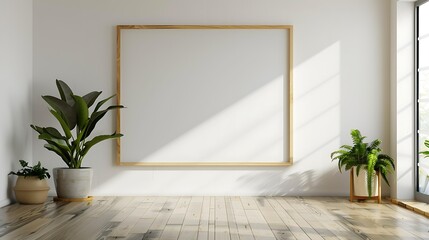 Wall Mural - Minimalist room with light wood flooring, large plants in white pots, and an empty wood-bordered frame against a white wall with natural light from a window, Ideal for interior design, home decor