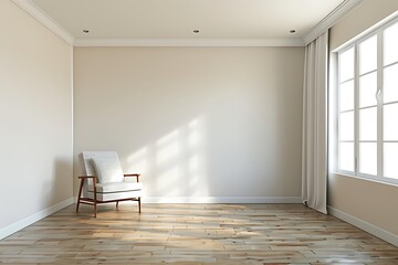 Wall Mural - A minimalist room with a single mid-century modern chair placed on light wooden flooring near a large window with curtains allowing natural light to enter