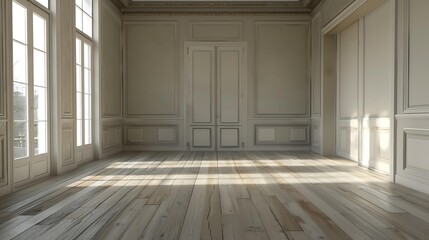 Wall Mural - Elegant empty room with large windows, wooden floors, and ornate paneling, lit by natural sunlight; ideal for real estate, interior design, architecture showcases, and background scenes,