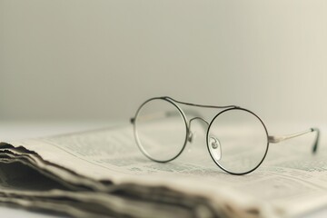 Aufkleber - Round glasses with a thin black frame sit on top of a folded newspaper. Generative AI