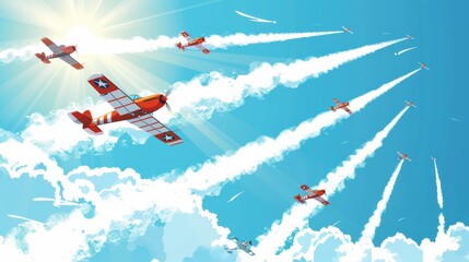 Wall Mural - An airshow with classic planes performing aerial acrobatics against a bright