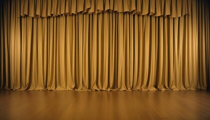 Gold curtains on a stage with a wooden floor