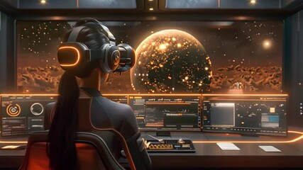 Poster - A woman sits in a futuristic office space with a virtual reality headset on, looking at a screen that displays a large, distant planet.