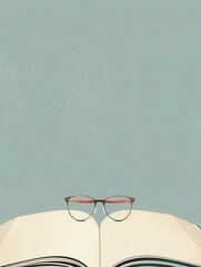 Fototapete - An open book with glasses resting on top of it, against a pale blue background. Generative AI