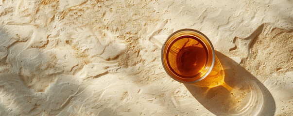 Wall Mural - Mockup. Hot tea on a light sand background, providing a warm and neutral look with space for text or graphics.