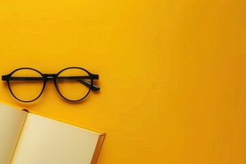 Fototapete - Black round glasses rest on top of an open book on a yellow background. Generative AI