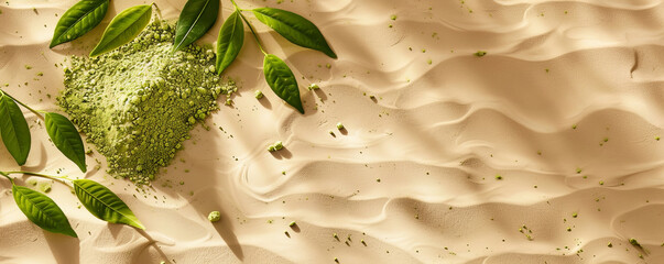 Wall Mural - Mockup of matcha tea powder with leaves on a light sand background, offering a warm and neutral design with space for text or graphics.