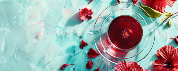 Wall Mural - Mockup. Hot hibiscus tea on a light cyan background, providing a bright and refreshing look with space for text or graphics.