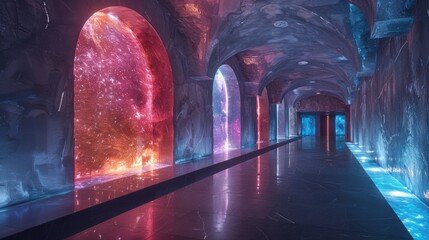 Wall Mural - Surreal Gallery with Floating Artworks and Bioluminescent Lighting in a Mystical Setting