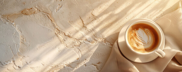 Wall Mural - Mockup. Hot coffee on a light sand background, providing a warm and neutral look with space for text or graphics.