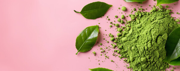 Wall Mural - Mockup of matcha tea powder with leaves on a pale pink background, creating a soft and delicate atmosphere for your design.