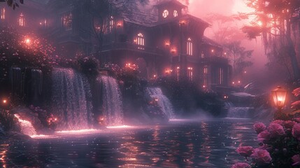 Wall Mural - Surreal Mansion with Floating Rooms and Bioluminescent Gardens in a Mystical Setting