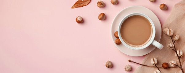 Wall Mural - Mockup. Hot hazelnut coffee on a pale pink background, providing a sweet and delicate look with space for text or graphics.