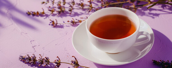 Wall Mural - Mockup. Hot tea on a light lavender background, creating a soothing and elegant atmosphere for your design.