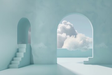 3d render, abstract minimal light sky blue background with white clouds flying out of an arch tunnel