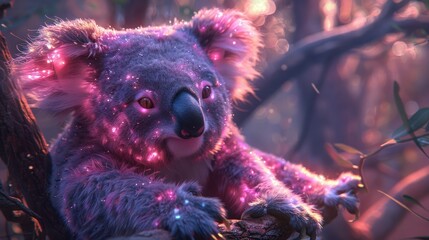 Wall Mural - Whimsical Koala with Holographic Fur Hanging from a Surreal Tree