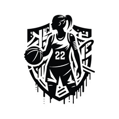 Wall Mural - Basketball  female player in graffiti tags, street art pattern illustration, emblem shield badge