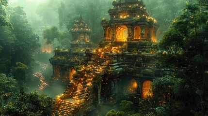 Wall Mural - Ancient Temple with Bioluminescent Carvings and Glowing Pathways in a Mystical Forest