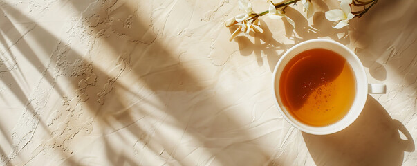 Wall Mural - Mockup. Hot white tea on a light sand background, providing a warm and neutral look with space for text or graphics.