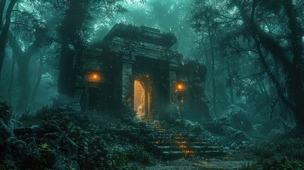 Wall Mural - Ancient Temple with Bioluminescent Carvings and Glowing Pathways in a Mystical Forest