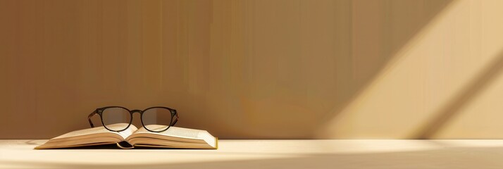 Aufkleber - An open book rests on a table, with glasses laying on top of it. The light from a nearby window casts a diagonal beam of sunlight across the scene. Generative AI