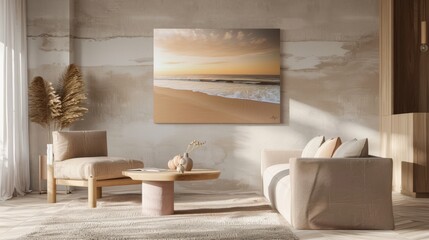 Poster - A living room with a large framed picture of a beach on the wall