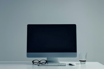 Leinwandbilder - A modern desktop computer with a blank screen, a keyboard, mouse, glasses, and a glass of water. Generative AI