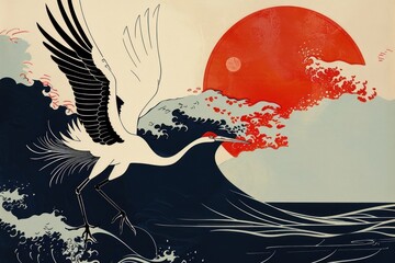 Sticker - Japanese wave flying bird art.