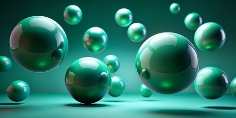 A series of smooth round green spheres of varying sizes float against a gradient background that transitions from teal to dark g