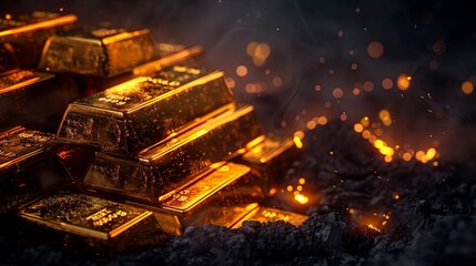 Luminous Stacks of Gold Bars on Dark Background