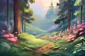 Artistic conception of beautiful landscape painting of nature of forest, background illustration, tender and dreamy design. Generative AI