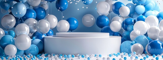 The 3D podium mockup is a blue concept open scene white stand shop graphic display illustration for a festive party template. The podium mockup has a blue balloon background with a gift present box