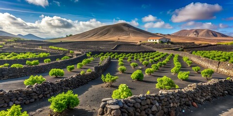 Vineyards and stone fences in La Geria Lanzarote Canary Islands Spain AI Generative