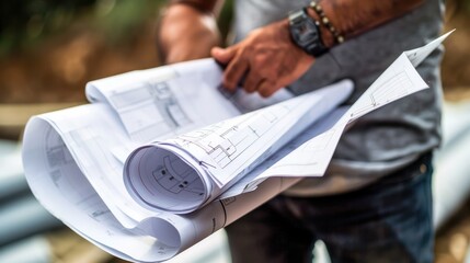 Wall Mural - Engineers reviewing blueprints on a construction site, emphasizing collaboration and planning