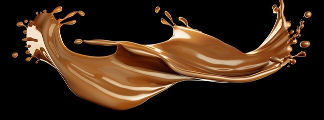 Wall Mural - An explosion of creamy toffee png toffee drops in a caramel sauce look. A 3D image of a Milk wave swirl syrup and a black white drop toffee food falling.