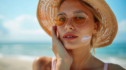 Wall Mural - A woman applying sunscreen before heading outdoors, highlighting skin protection