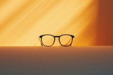 Poster - Eyeglasses with black frames resting on a white surface, with a yellow background. Generative AI