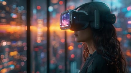 Poster - A woman wearing a VR headset looks at a digital interface, standing in front of a window with a blurred city lights backdrop.