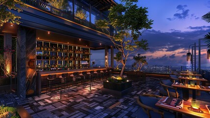 Wall Mural - modern villa with a beautiful view, a large terrace with a bar with led lighting. Generated by AI