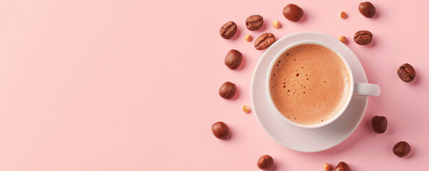 Wall Mural - Mockup. Hot hazelnut coffee on a pale pink background, providing a sweet and delicate look with space for text or graphics.
