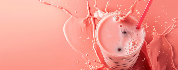 Wall Mural - Mockup. Bubble tea on a light coral background, providing a lively and vibrant look with space for text or graphics.