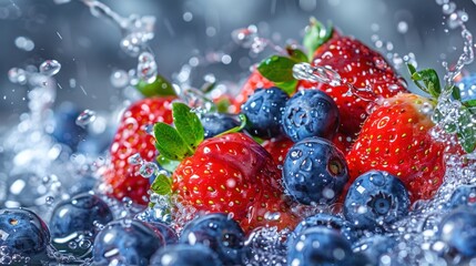 Canvas Print - Fresh Strawberries and Blueberries in Water Splashes