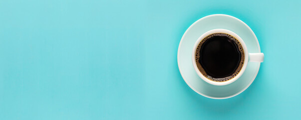 Wall Mural - Mockup. Hot coffee on a light cyan background, providing a bright and refreshing look with space for text or graphics.